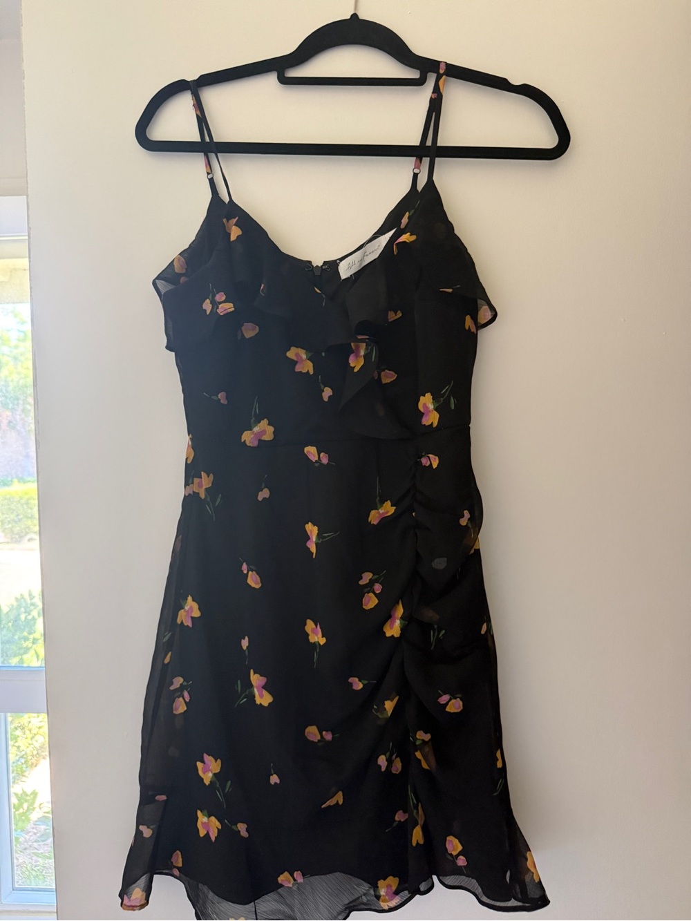 Black Floral Ruffle Strap Dress - Women's